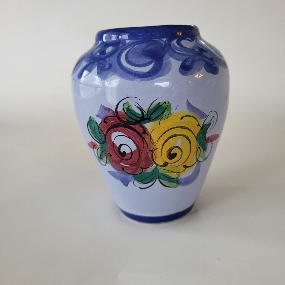 Vintage Portugal Pottery Vase Vestal Alcobaca Hand Painted Floral #62